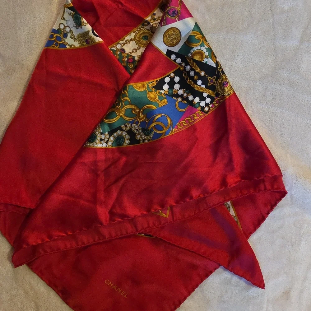 Chanel‎ Multicolor Silk Scarf with Red Base